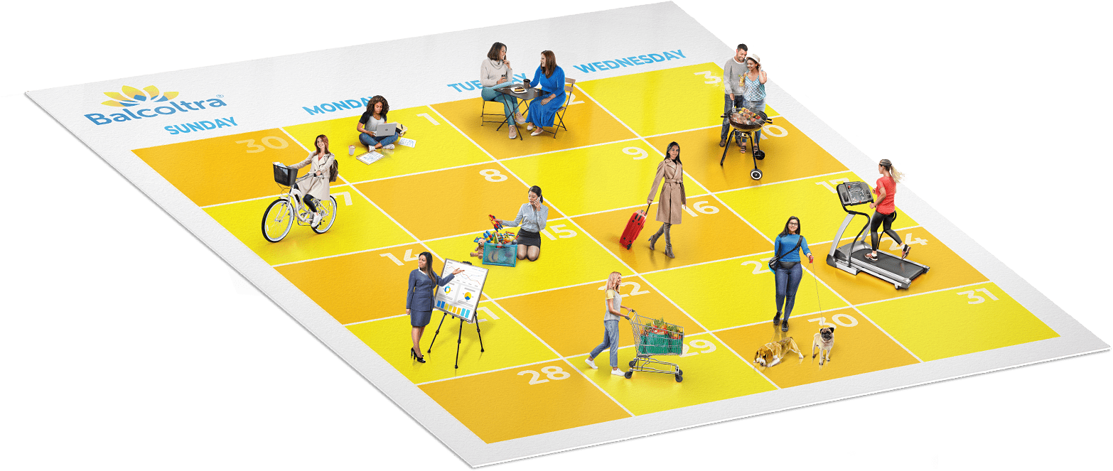 Active women standing on a large Balcoltra calendar (decorative)